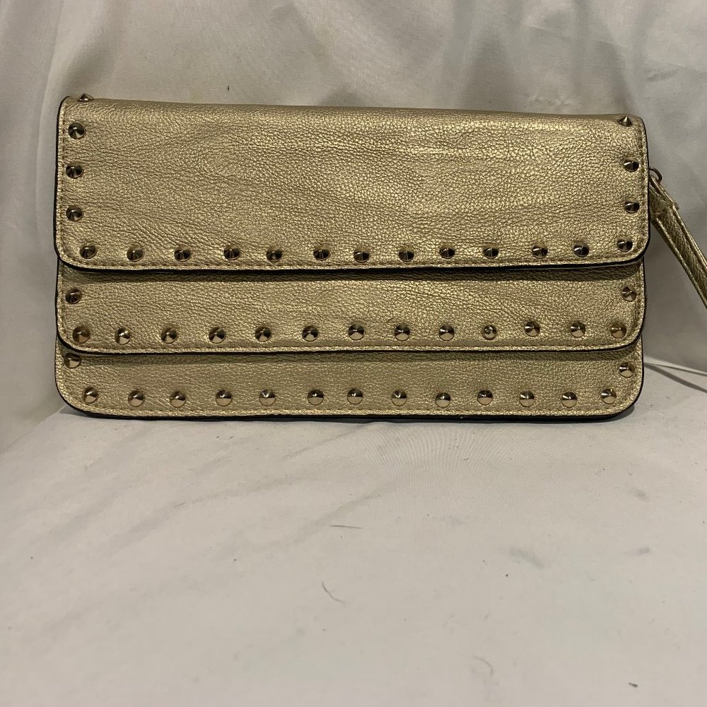 NEW Handbag Republic Gold & Gold Stud Faux Leather Clutch Purse